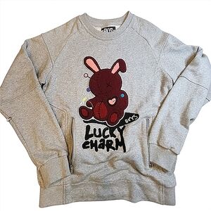 BKYS Gray Streetwear Sweatshirt Lucky Charm Bunny Patch Zippered Pockets Mens M